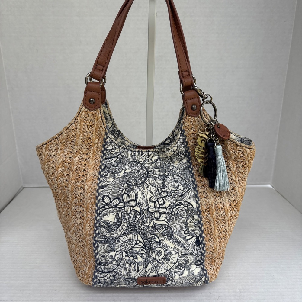 Sakroots Woven Straw Canvas Floral Owl Charm Hobo Bag Tan Black White Boho